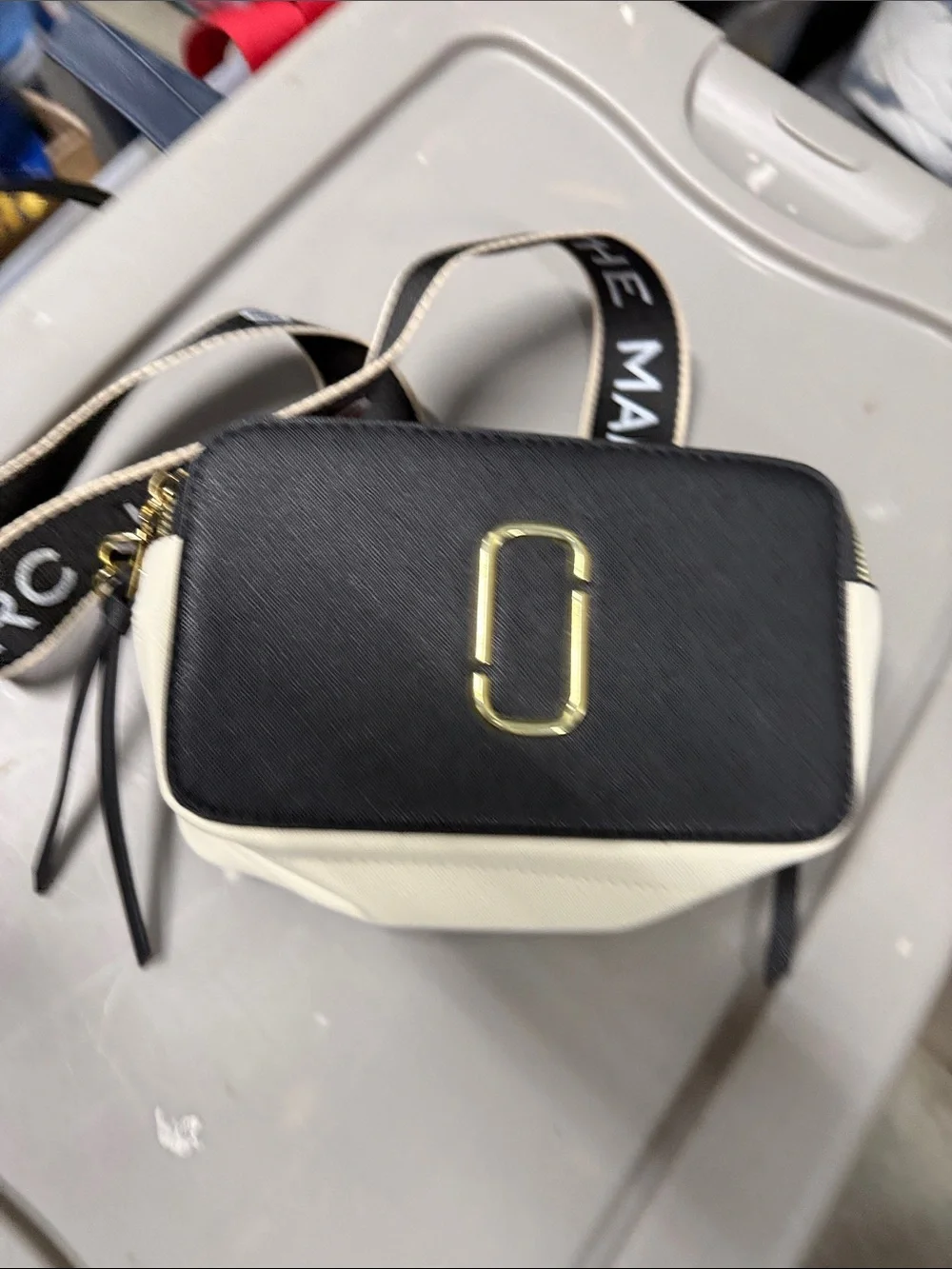 Marc Jacobs Black and Cream Logo Crossbody Camera Bag